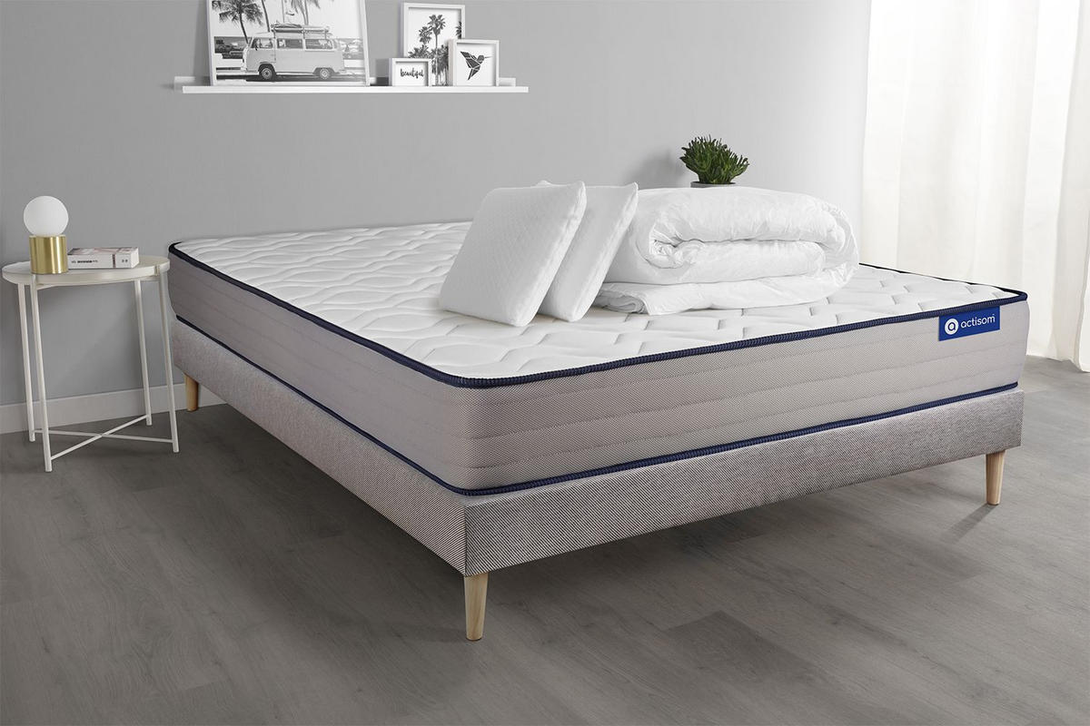BETT Actimemo form Memory-Schaum 200 x 200 cm h3 - Kit Bettgestell Grau - Mit Kissen und Bettdecke - Beige/Grau, Holz/Textil (200/200cm) - ACTISOM