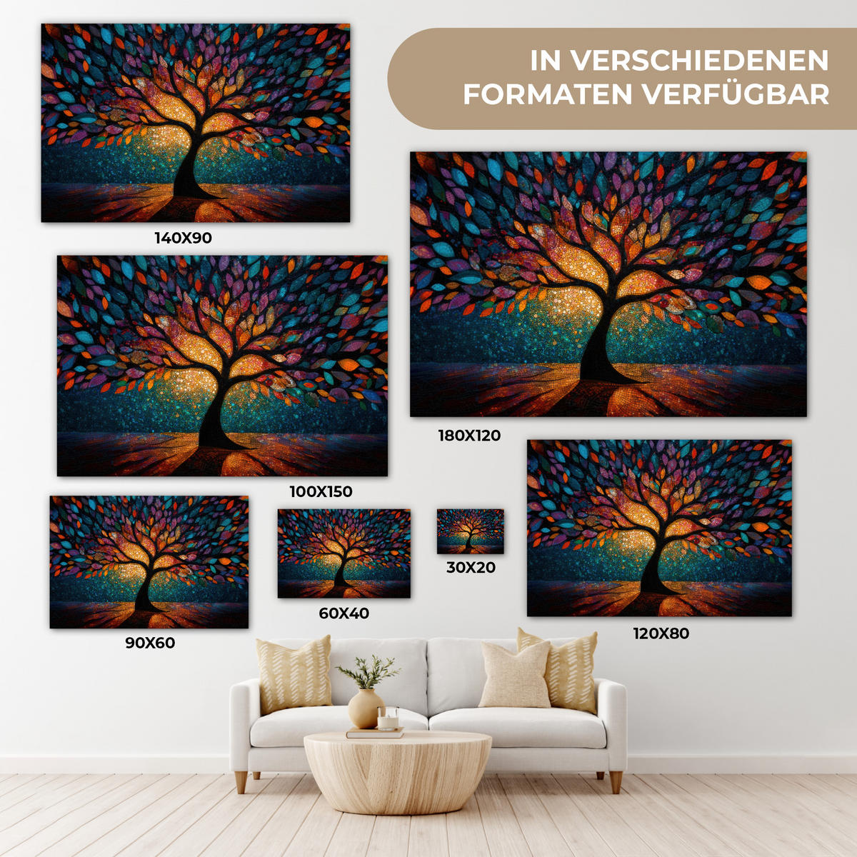 LEINWANDBILD Mosaik - Bunt - Baum - Äste Groß 140x90 cm - Multicolor, Textil (140/90cm) - MuchoWow