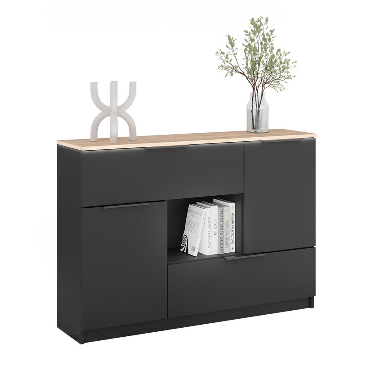 KOMMODE Betti Anthrazit 120 x 83.6 cm 2x Tür 2x Schublade und 1x offenes Fache - Anthrazit/Sonoma Eiche, Holzwerkstoff (120/83.6/30cm) - Vicco