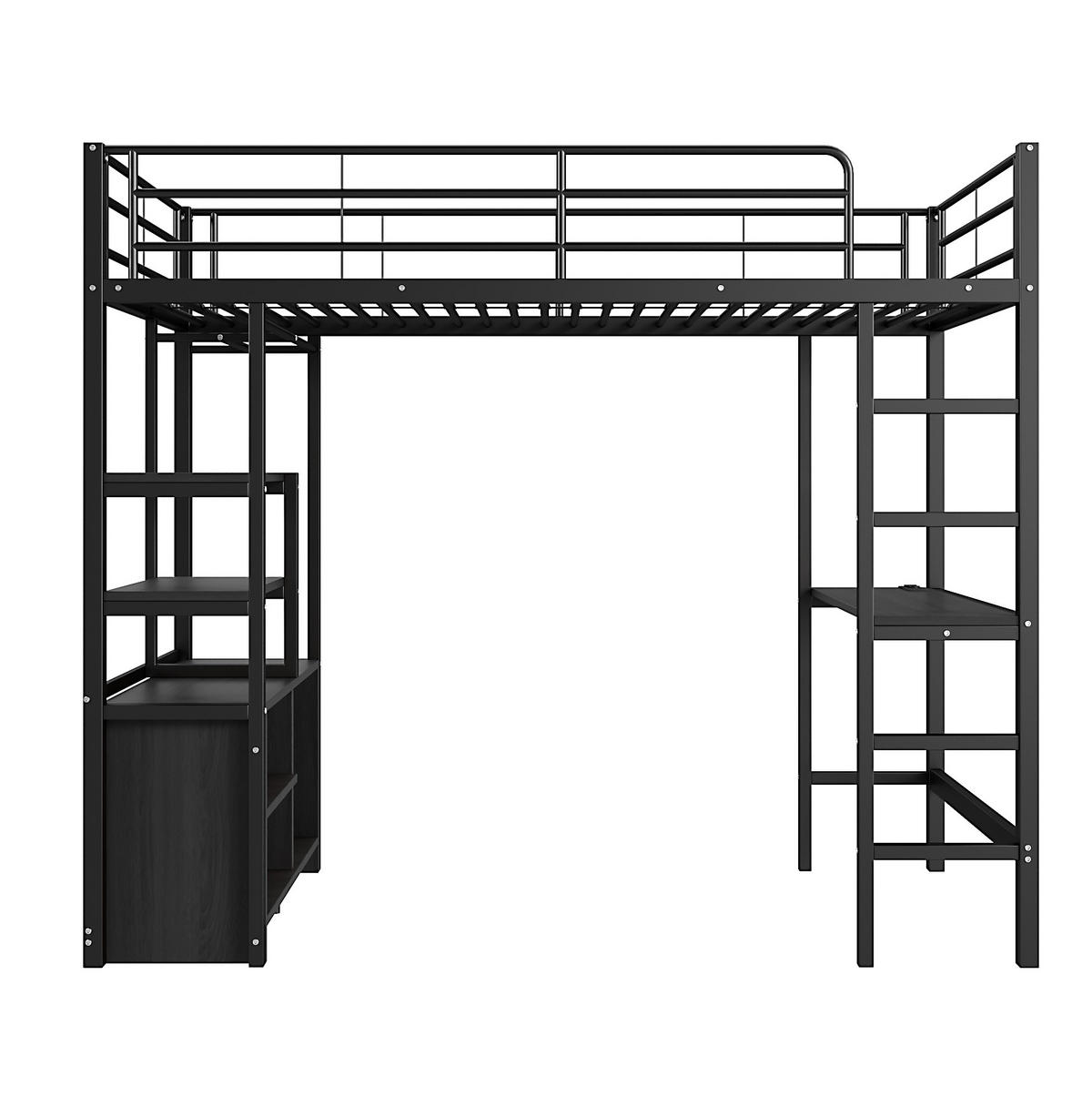 HOCHBETT 90/200 cm aus Metall mit Schreibtisch, Steckdose, USB, Regalen und offenem Schrank, Schwarz - Schwarz, Metall (90/200cm) - Redom