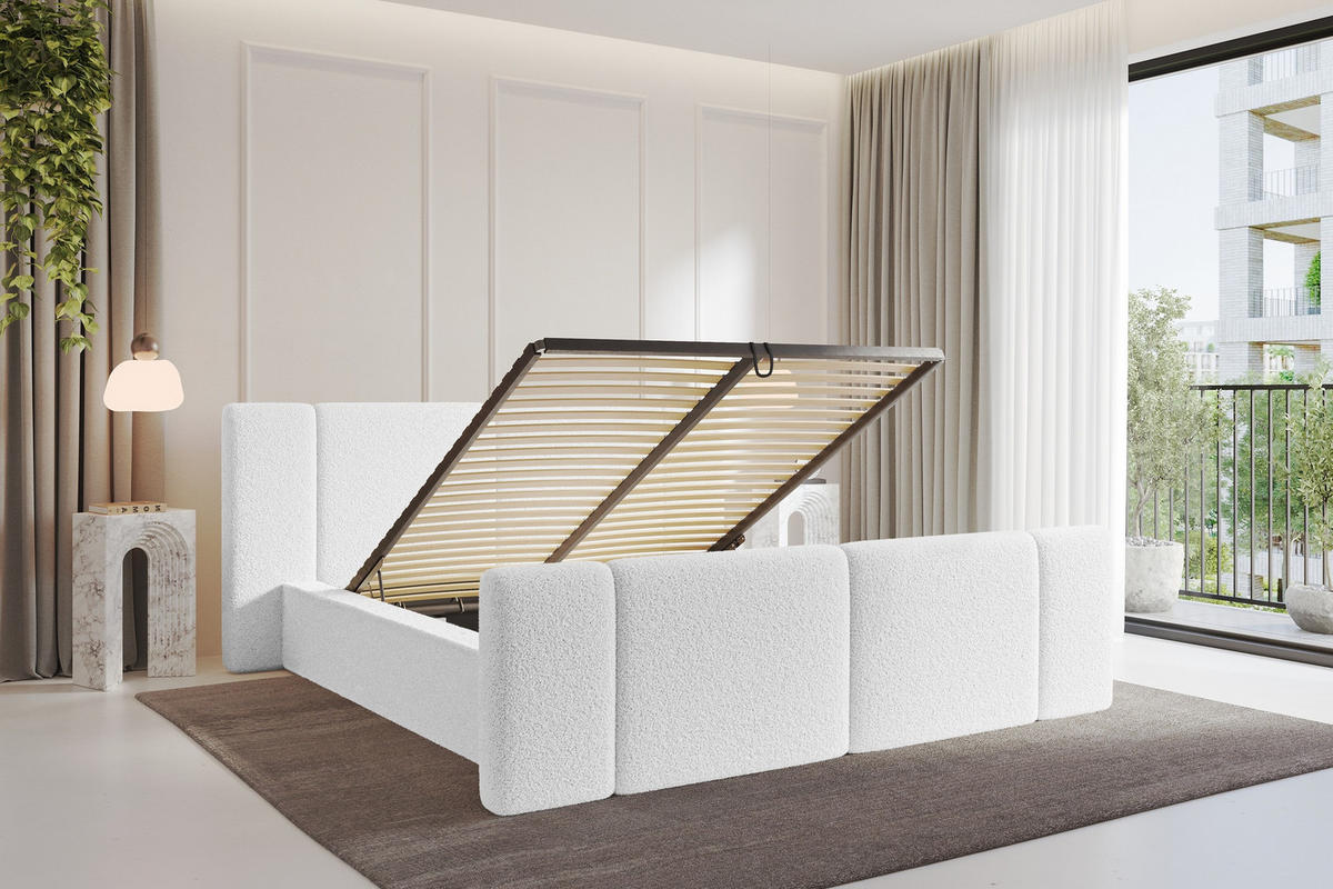 POLSTERBETT mit Bettkasten, Fußteil und Lattenrost, Bett mit Matratze H3/H4 - RIVO-Z 180x200 Weiß - Weiß, Holzwerkstoff/Textil (180/200cm) - ALTDECOR