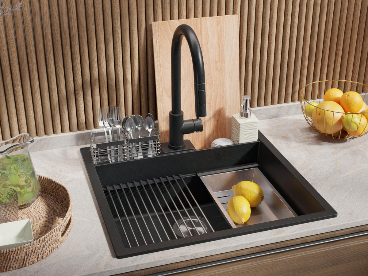 SPÜLBECKEN Bergen Pocket, 2-er set Anthrazit 56/54 cm 1 Becken + Ablauf-Set + Küchenzubehörset ab 60er Unterschrank - Chromfarben/Anthrazit, Kunststoff (56/20/54cm) - Primagran