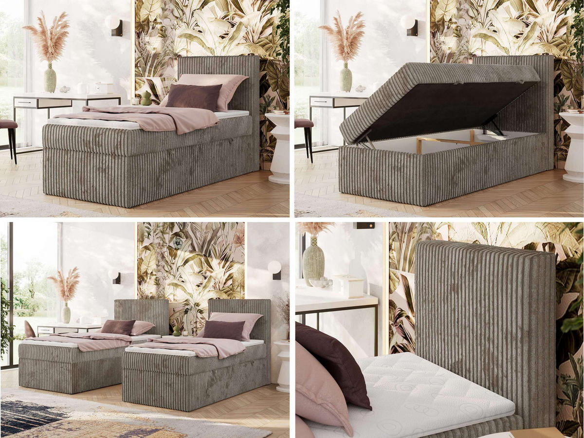 BOXBETT TILIANO 90/200 - Hellbraun Cord - H3 - Visco Topper - Rechts - Hellbraun, Textil (90/200cm) - MKS