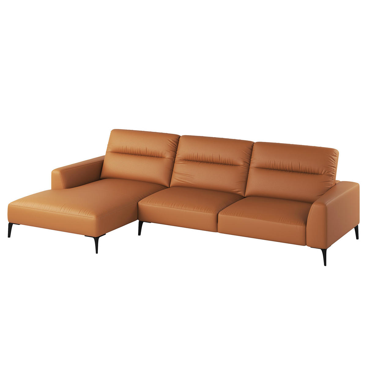 ECKSOFA mit Longchair - Cognac/Schwarz, Leder/Metall (328/180cm) - home24