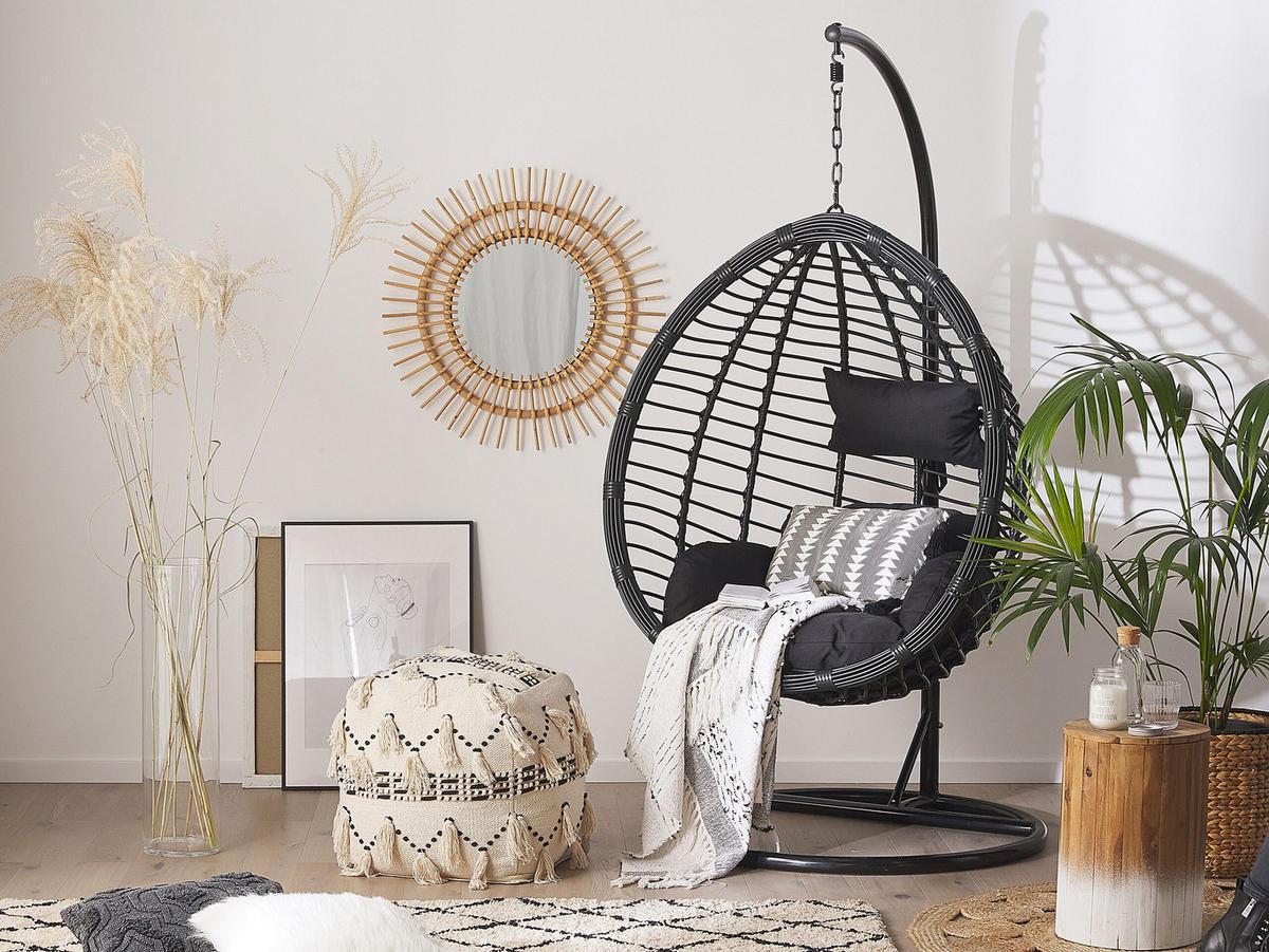 HÄNGESESSEL mit Gestell PE Rattan schwarz 97 cm Tollo - Schwarz, Kunststoff (106/199/97cm) - Beliani