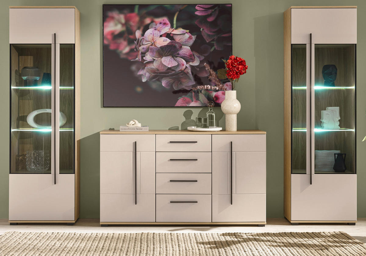 WOHNWAND Kaschmir, Eiche 3-teilig 290 cm, Wohnzimmer Set mit Soft-Close - Kaschmir/Eichefarben, Glas/Holzwerkstoff (290/200/42cm) - Furn.Design