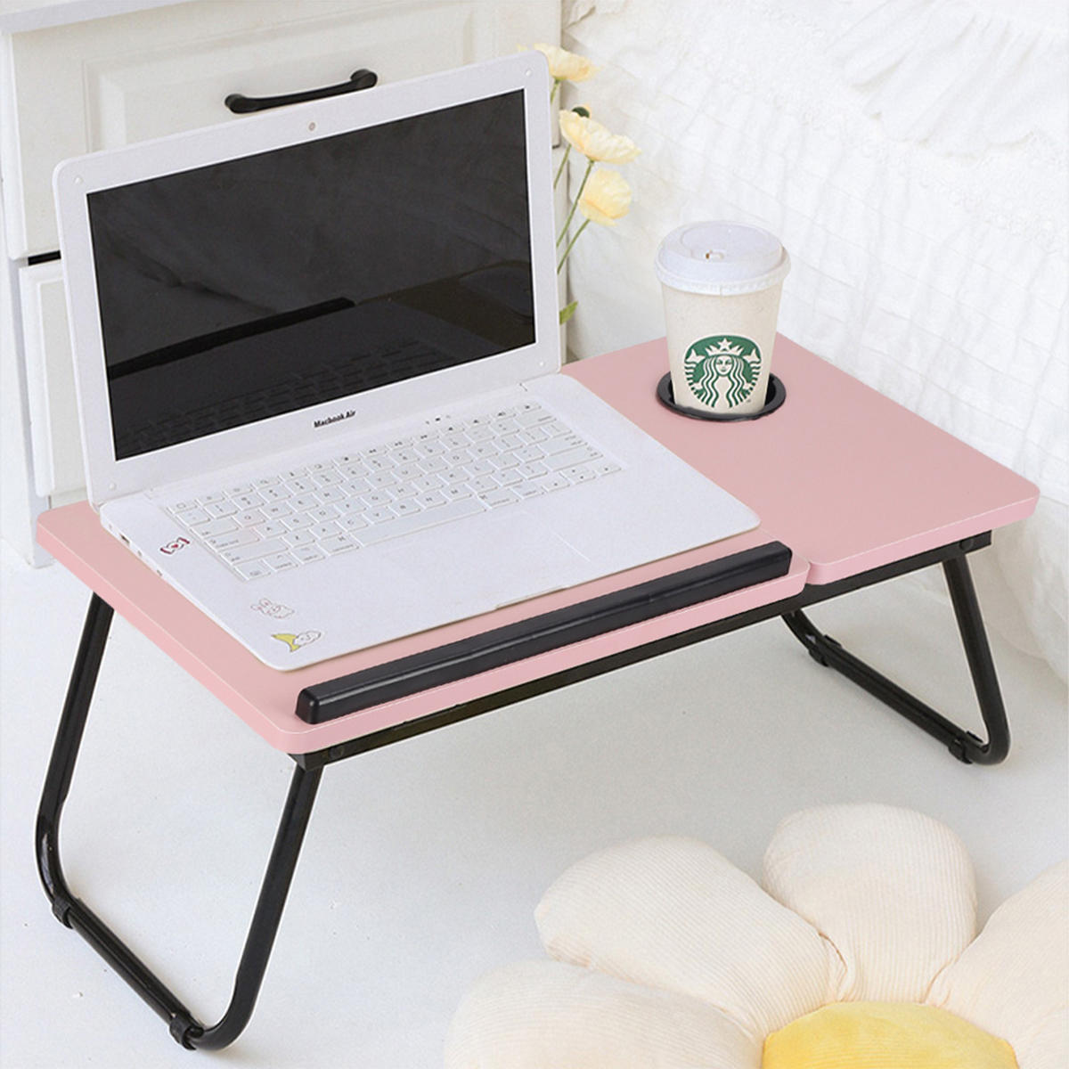 LAPTOP-BETTTISCH mit Getränkehalter Verstellbarer, klappbarer– Rosa mit 5-fach Neigungsverstellung Becherhalter 56x32,5x24 cm - Pink, Metall (32.5/56/24cm) - Livingandhome