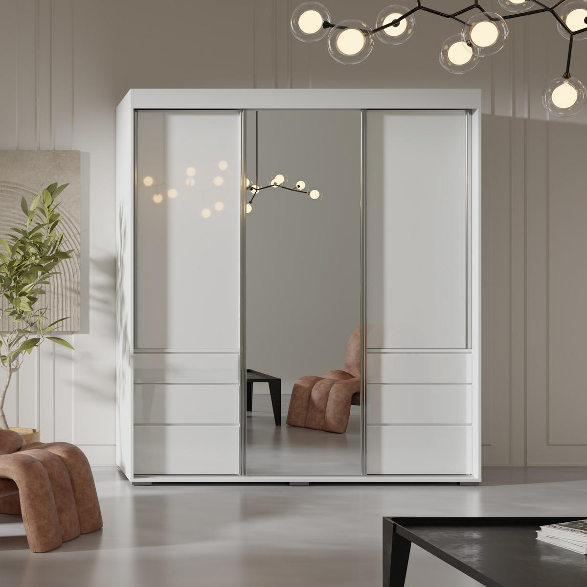 SCHIEBETÜRENSCHRANK mit Schubladen und Spiegel Torino 3D1L 180 Weiß (Lacobel) - Silberfarben/Weiß, Holzwerkstoff/Metall (180/204/65cm) - mzm24