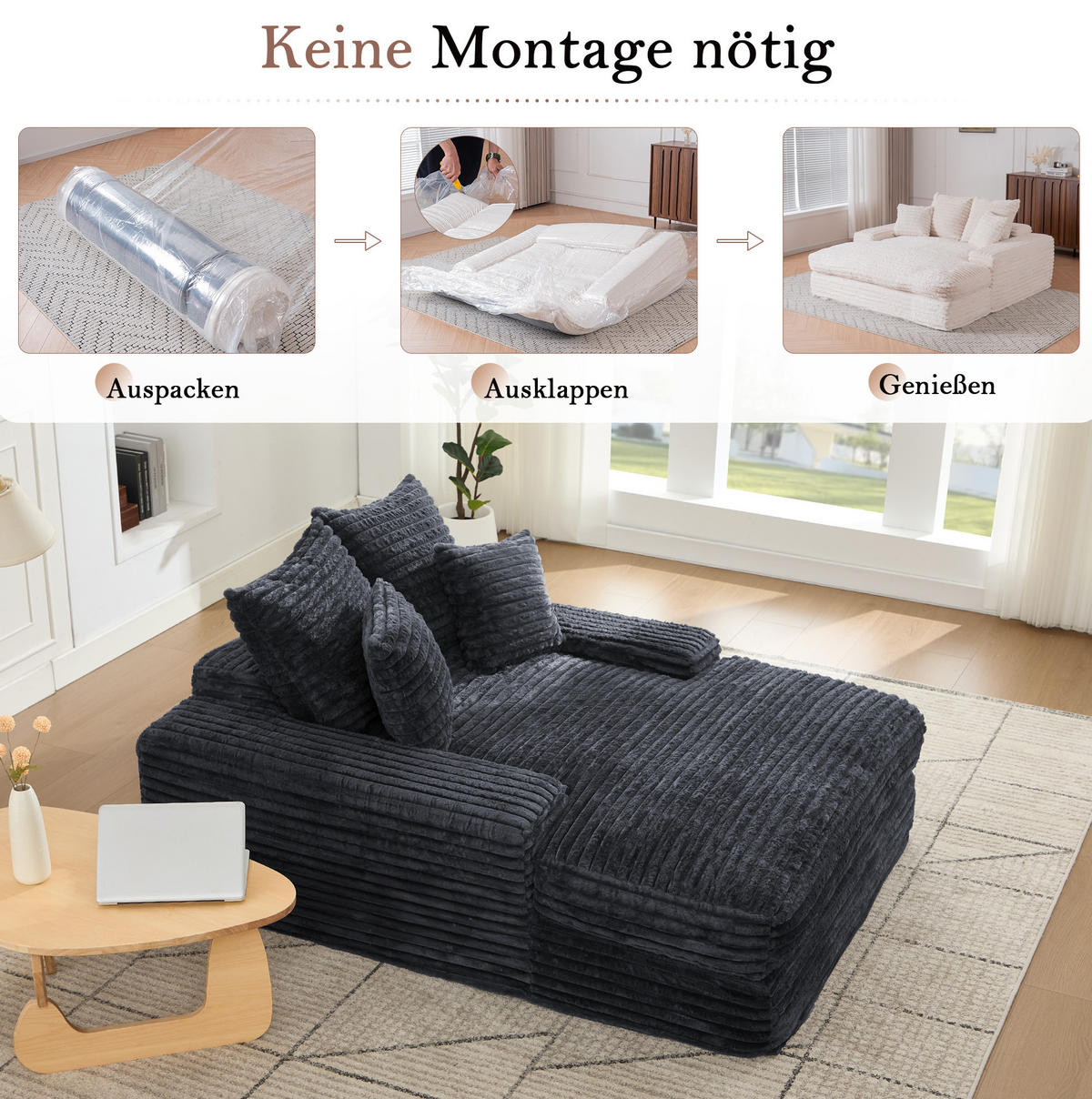 CHAISELONGUE Cordstoff mit Memory-Schaum und 4 Kissen 137/175/63 cm Grau - Grau, Textil (137/63/175cm) - Redom