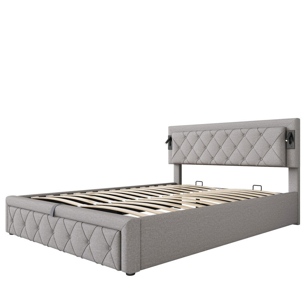 POLSTERBETT 160x200 cm in Grau Leinen mit Downlight & USB-Schnittstelle - Grau, Holz/Textil (160/200cm) - KOMHTOM