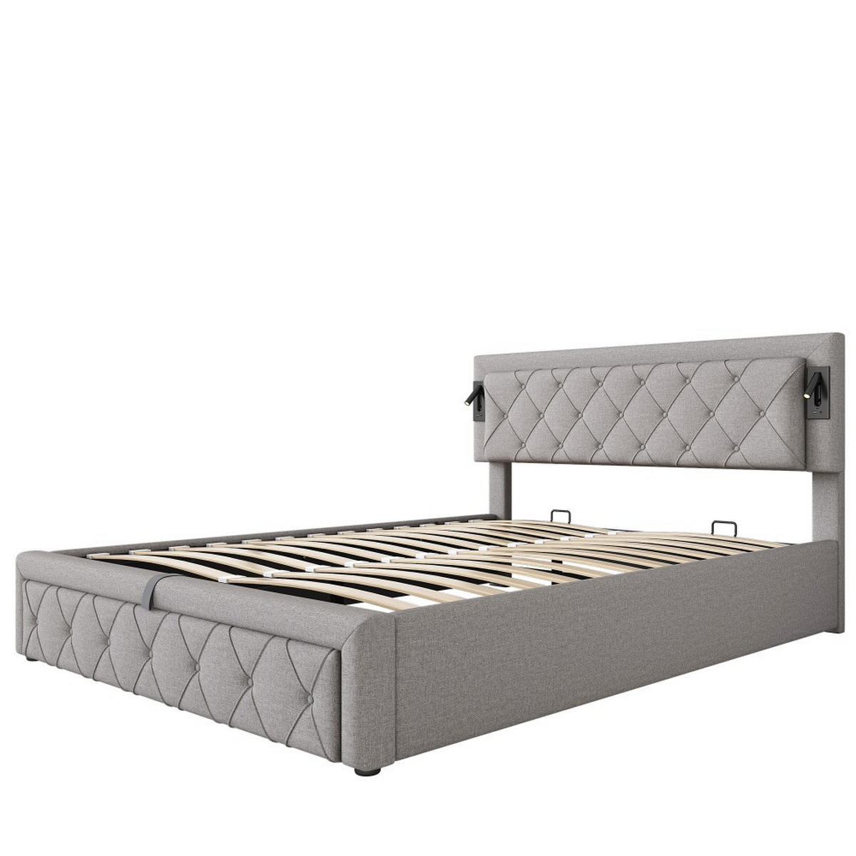 POLSTERBETT 160x200 cm in Grau Leinen mit Downlight & USB-Schnittstelle - Grau, Holz/Textil (160/200cm) - KOMHTOM