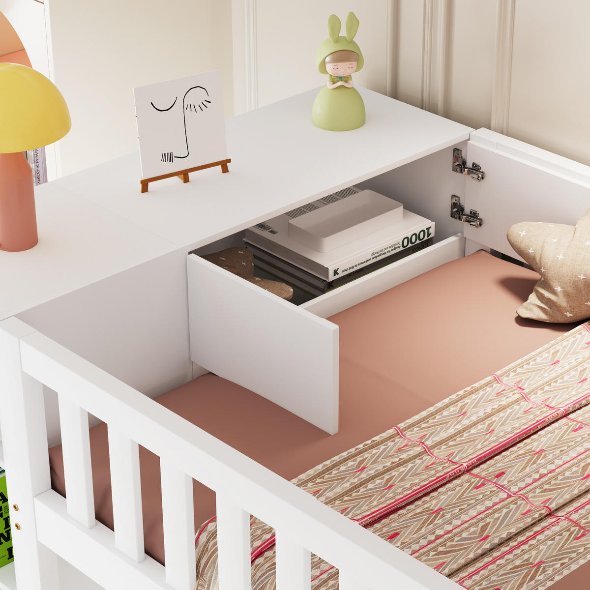 HOCHBETT 90/200 cm Weiß mit Regalen und Stauschrank aus Holz - Weiß, Holzwerkstoff (90/200cm) - OKWISH