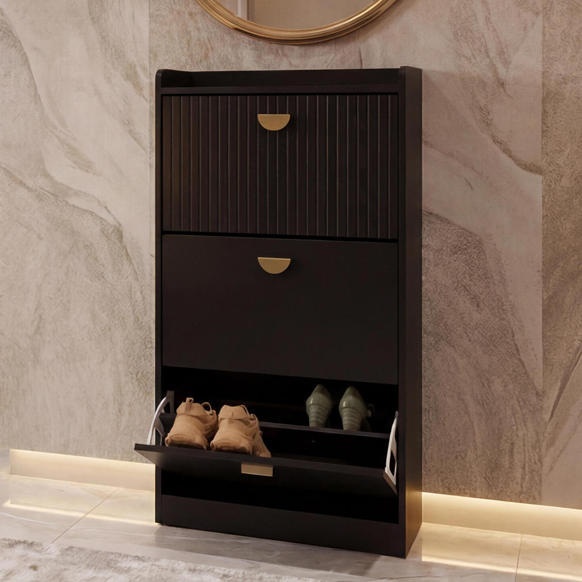 SCHUHSCHRANK 3 KLAPPEN Schwarz - Schwarz, Holzwerkstoff (60/117/24cm) - Jamb