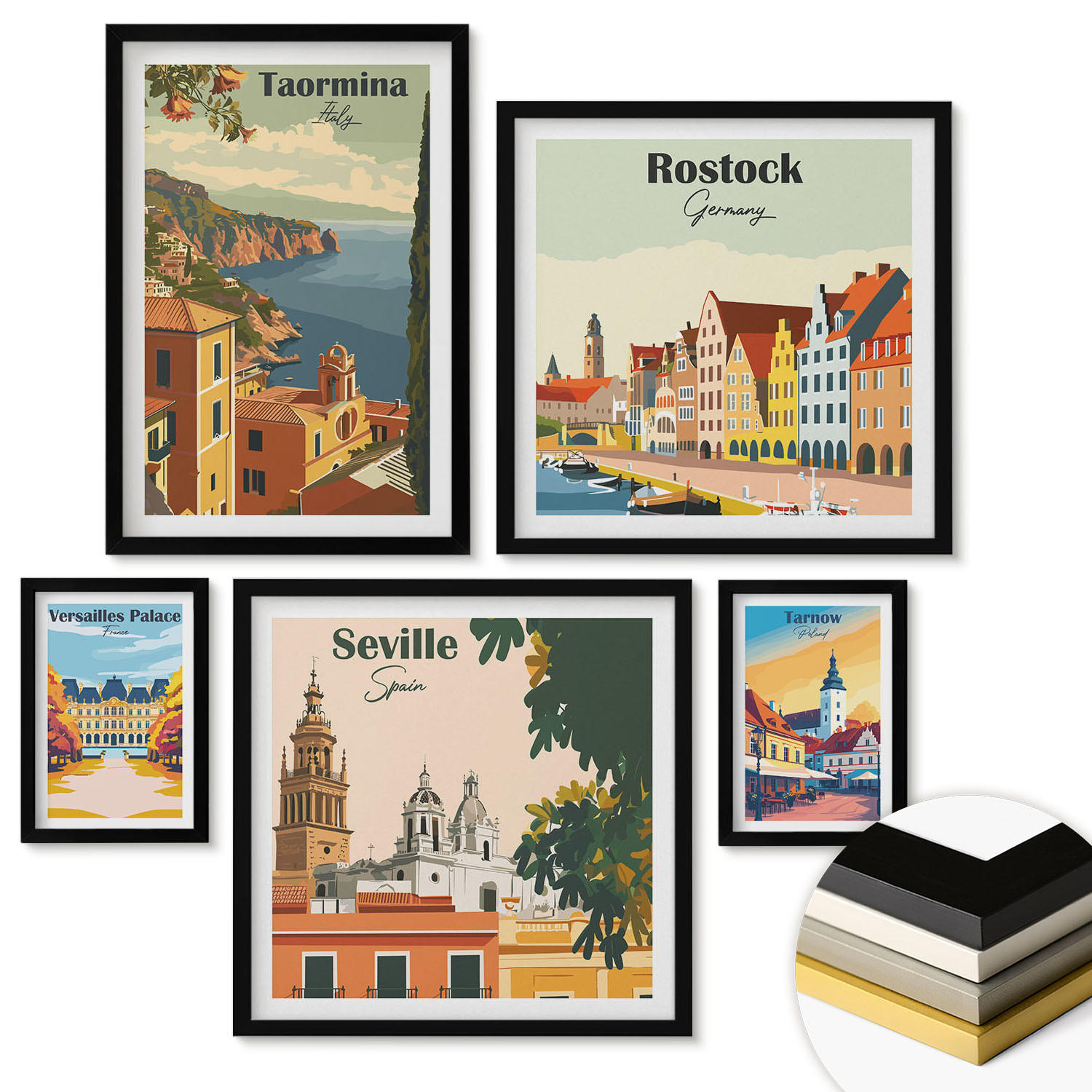 WANDBILDER 5er-Set - 50x50 cm & 20x30 cm & 40x60 cm Schwarzer Rahmen - Retro-Stadtgrafiken - Schwarz, Kunststoff (40/60cm) - ArtPrintCave