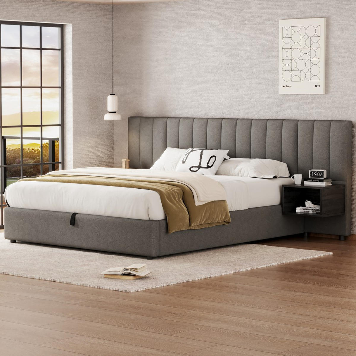 POLSTERBETT 160x200 cm in Grau Leinen mit zwei Nachttischen - Grau, Holz/Textil (160/200cm) - KOMHTOM