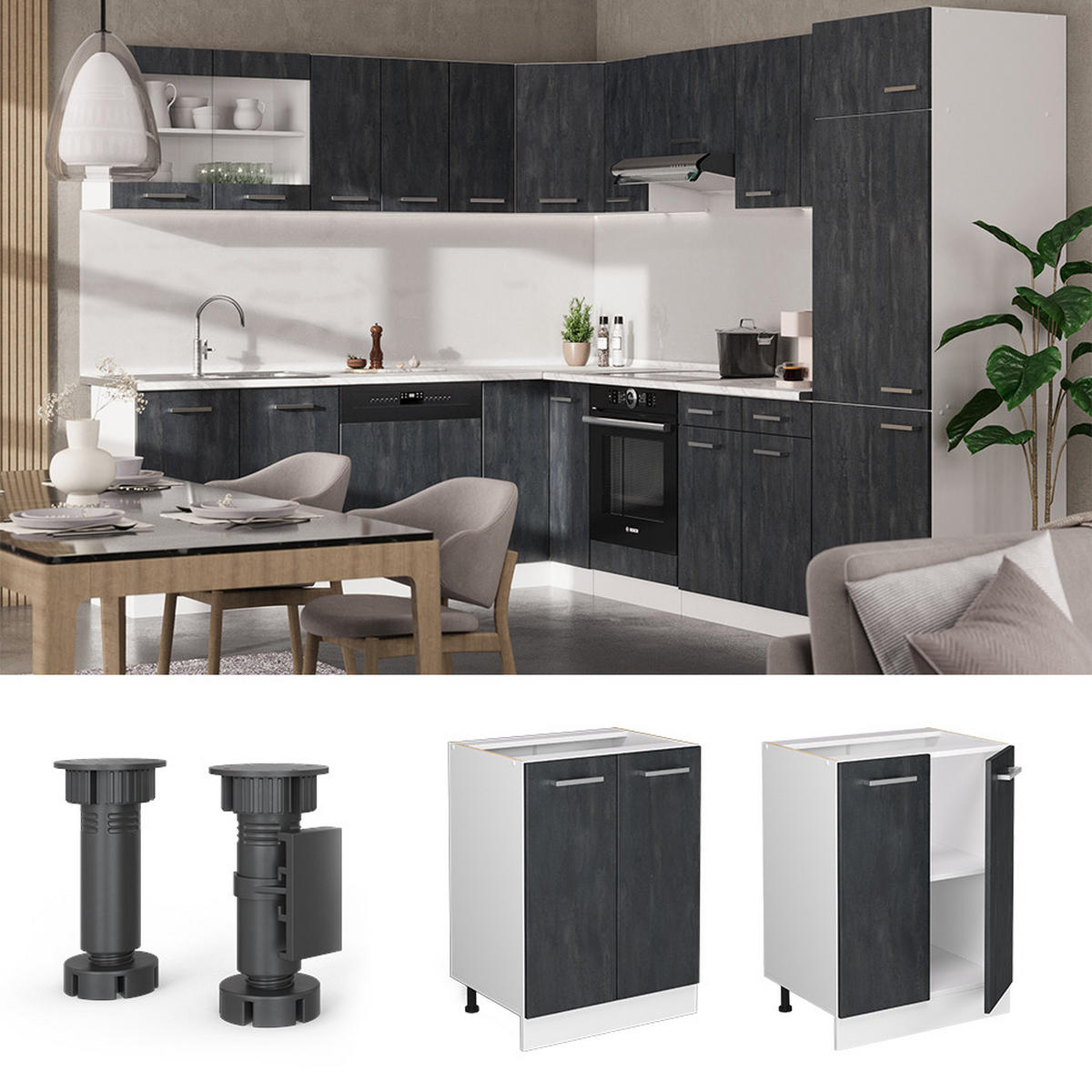 KÜCHENUNTERSCHRANK KÜCHENSCHRANK R-Line Schwarz Beton 60 cm AP Anthrazit - Schwarz/Weiß, Holzwerkstoff (60/81.6/60cm) - Vicco