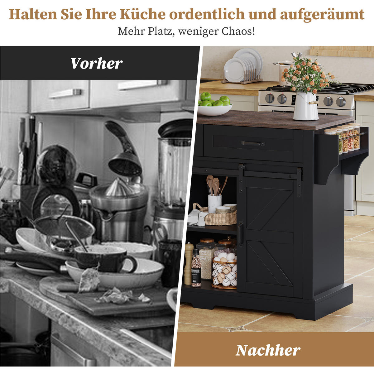 KÜCHENINSEL in Schwarz Servierwagen mit klappbarer Arbeitsplatte und Schubladen für Küche, B120/T45(70)/H91 cm - Schwarz, Holzwerkstoff (120/91/70cm) - STILVORA
