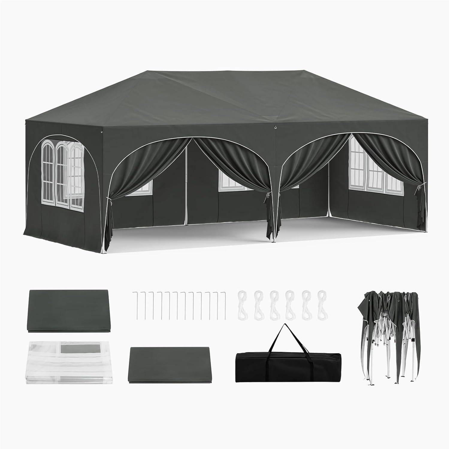 PAVILLON, Faltpavillon 3x6 m, mit 6 Seitenwänden, Grün - Grau, Metall (300/250/600cm) - Woltu