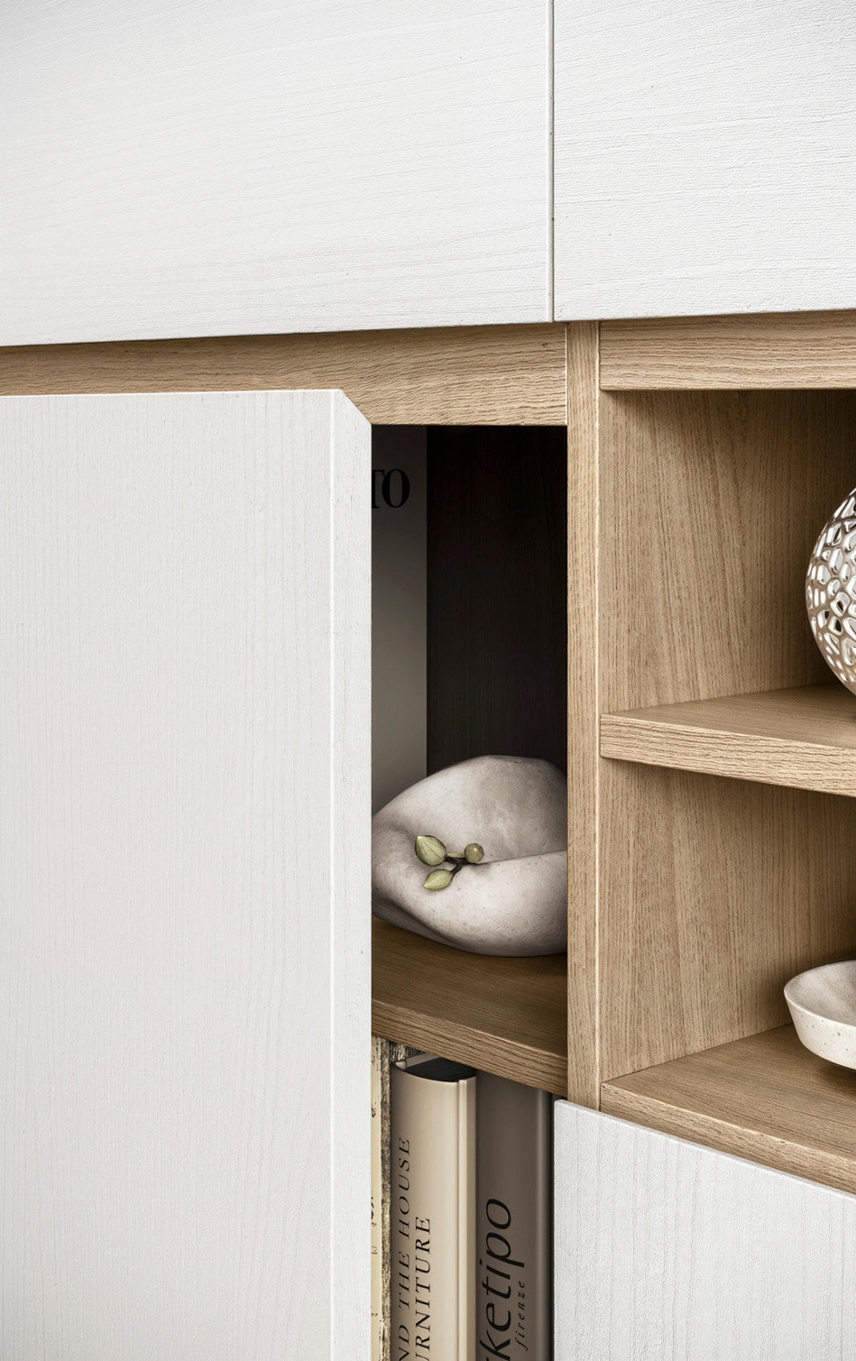 WOHNWAND weiß, Eiche 4-teilig 360 cm, Wohnkombination skandinavisch mit Soft-Close, Finnes - Eichefarben/Weiß, Holzwerkstoff/Metall (363/195/39cm) - Furn.Design