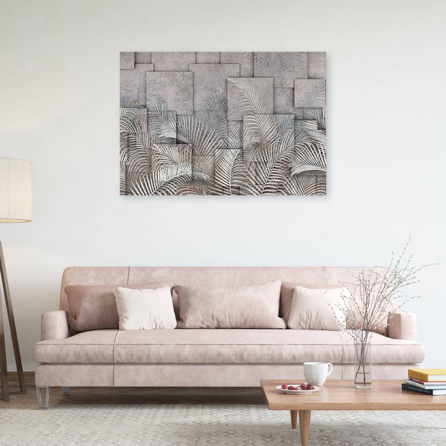 WANDBILD 3d palmen blätter beton textur - Grau, Textil (60/40cm) - Feeby