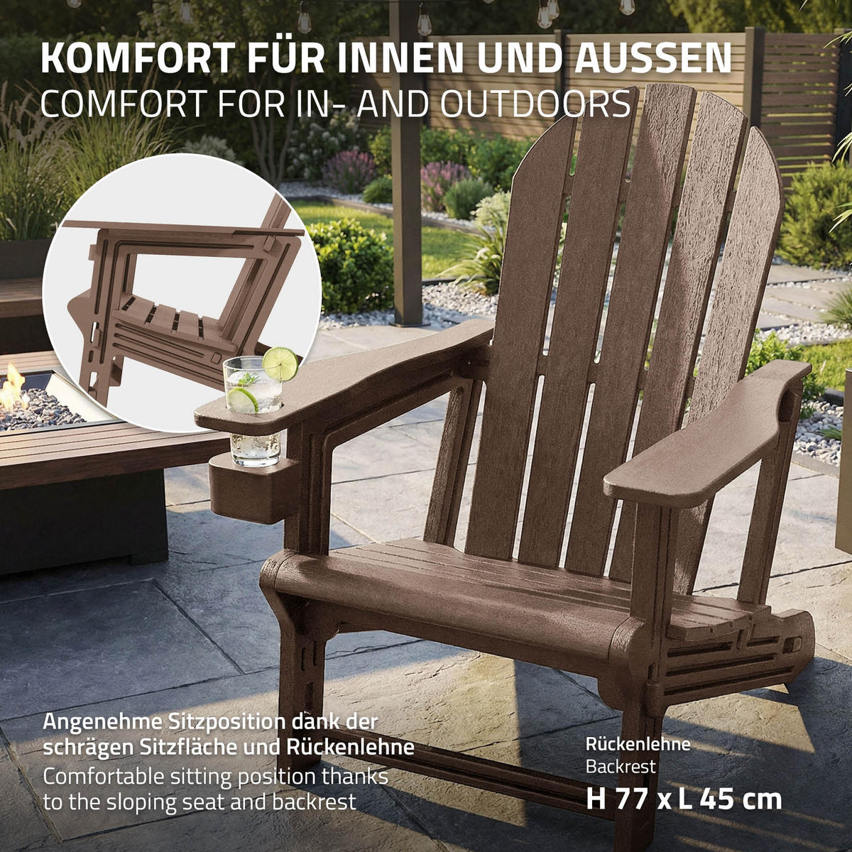 ADIRONDACK LEŽÁK s držákem na nápoje, hnědý, z plastu - hnědá, plast (54.5/91/76cm) - ML-DESIGN