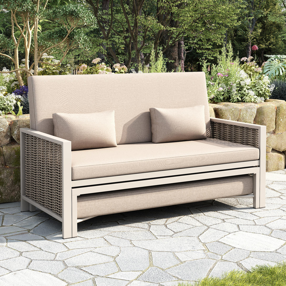 GARTENMÖBEL, 2-Personen Outdoor-Liegebett, Rückenlehne 0-65°, Khaki/Beige - Hellbraun, Textil (131.5/91/151.3cm) - FLIEKS