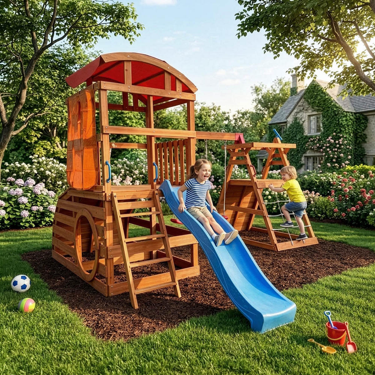 SPIELTURM MIT DOPPELSCHAUKEL NIA - 420 x 280 cm - Nussbaumfarben, Holz (420/278.4/448.4cm) - Home Deluxe