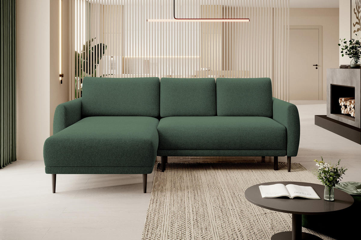 ECKSOFA BONO Stilvolles Sofa mit Schlaffunktion, Robuste Holzfüße, Elegante Armlehnen, Tiefe Sitzfläche 226x164x88cm, Linke, Waldgrün - Waldgrün, Holz/Textil (164/226cm) - DomoHome
