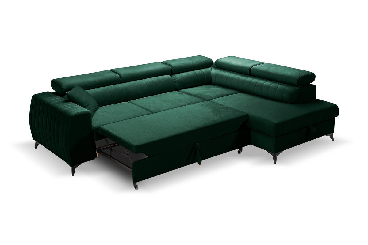 ECKSOFA PIERO L Rechts mit Schlaffunktion 195x125 Velours Dunkelgrün - Dunkelgrün/Schwarz, Holz/Textil (203/268cm) - Muffo