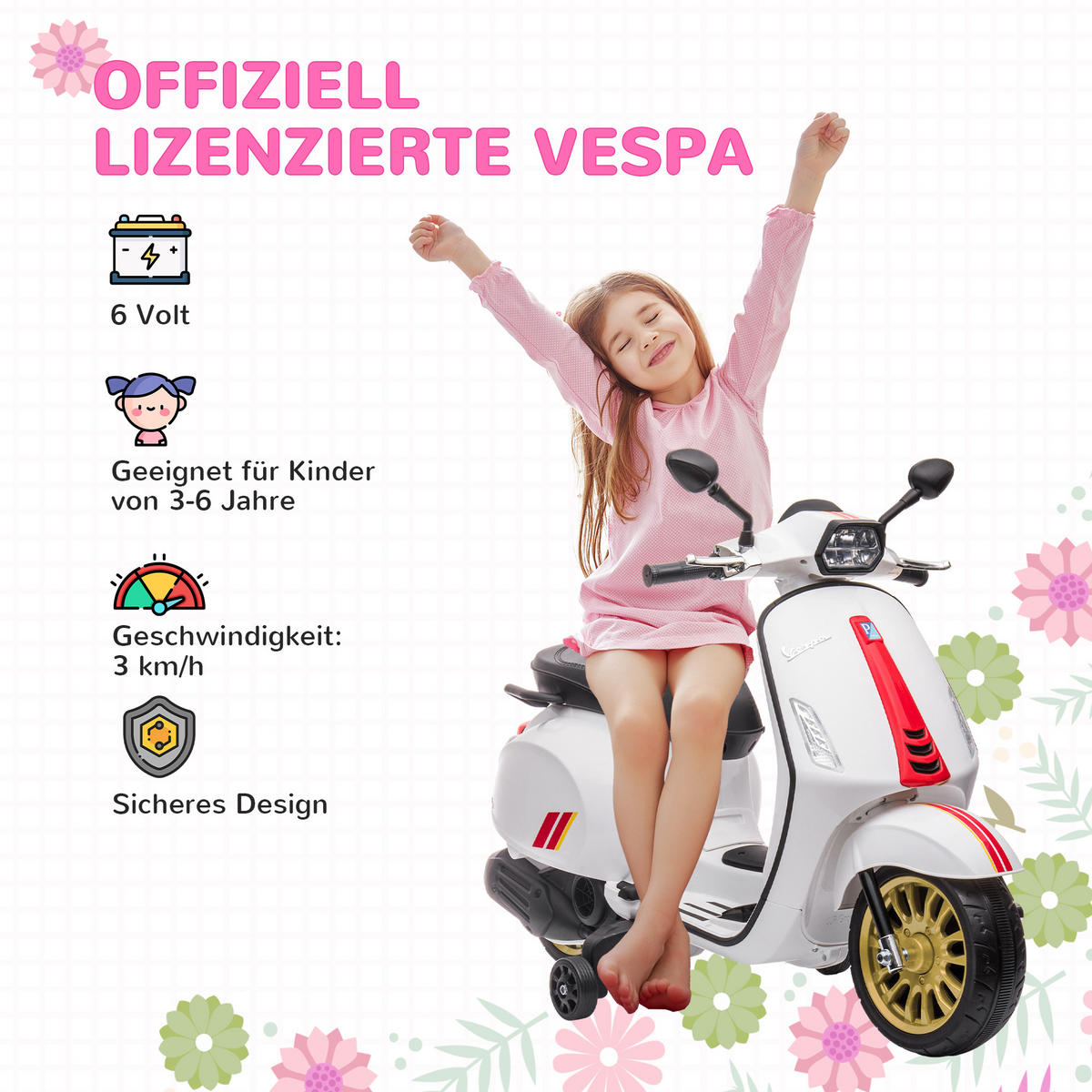 KINDER Elektro-Motorrad, 6V Kindermotorrad mit MP3, USB, FM-Radio, Scheinwerfer - Weiß, Kunststoff (107/47/73cm) - AIYAPLAY