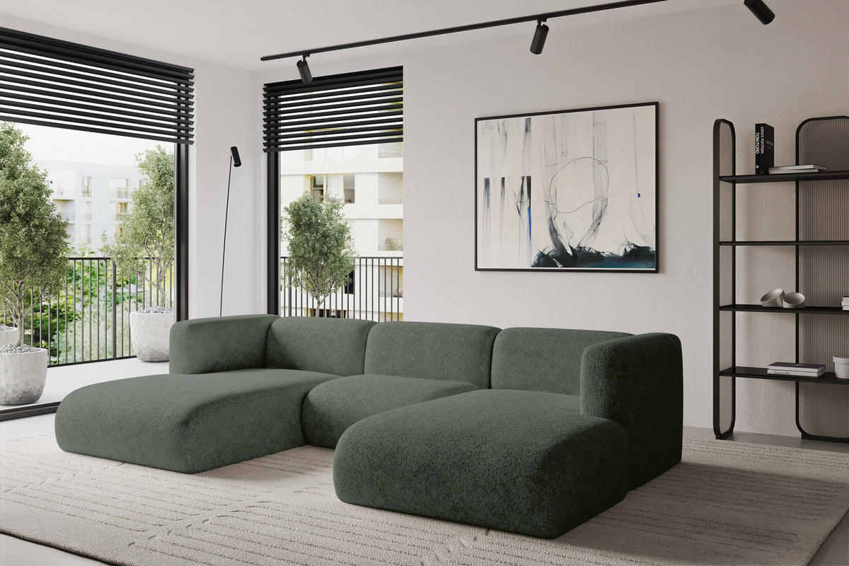WOHNLANDSCHAFT MIRA-U1 317x179x70 Grün Velours - Schwarz/Grün, Holzwerkstoff/Kunststoff (317/70/179cm) - ALTDECOR