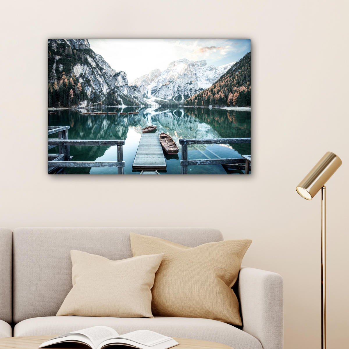 LEINWANDBILD Natur - Berge - Schnee - Wald - Boot Wanddeko 90x60 cm - Hellgrün, Textil (90/60cm) - MuchoWow