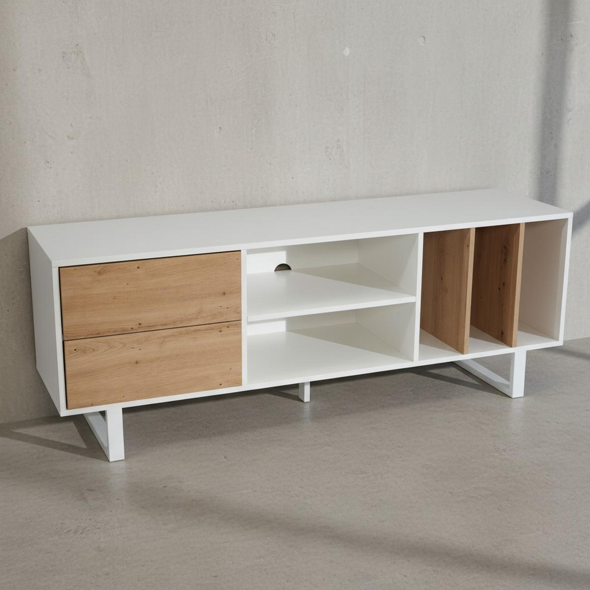 TV-LOWBOARD mit Eiche-Dekor, Schubladen und offenes Regal, modern, Weiß 150x40x55 cm - Weiß, Holzwerkstoff/Metall (150/55/40cm) - KADIMA DESIGN
