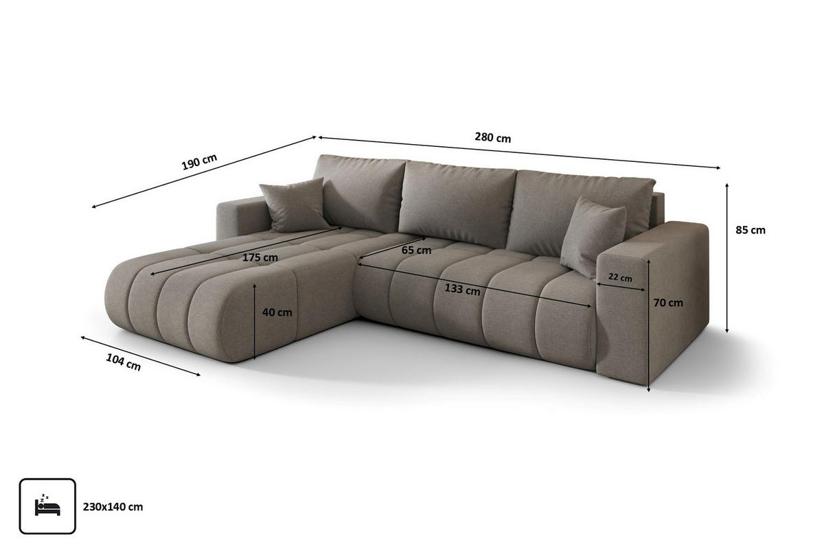 ECKSOFA mit schlaffunktion und bettkasten MILO PREMIUM, stoff WIND, Braungrau, Links - Braun, Holz (280/190cm) - Kaiser Möbel
