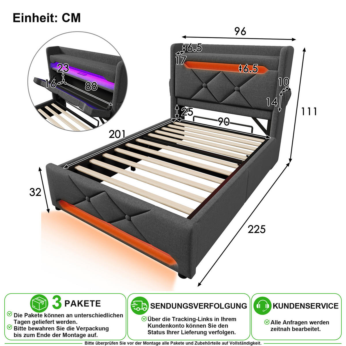 POLSTERBETT 90/200 cm in Grau mit Bettkasten, LED, USB und Matratze aus Leinen - Grau, Holzwerkstoff/Textil (90/200cm) - CHICFURN