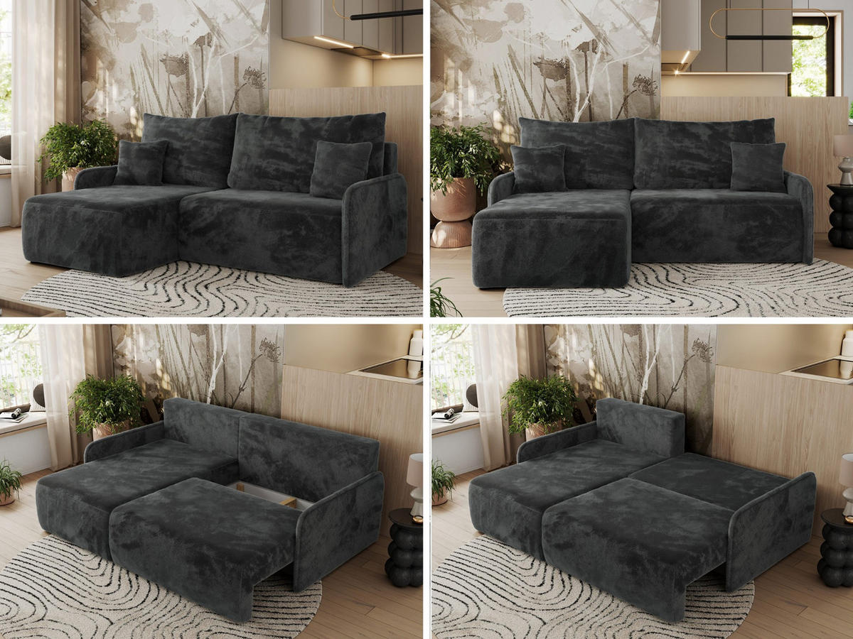ECKSCHLAFSOFA ARPA L Dunkelgrau Plüsch - links - Dunkelgrau/Schwarz, Kunststoff/Textil (198/150cm) - MKS