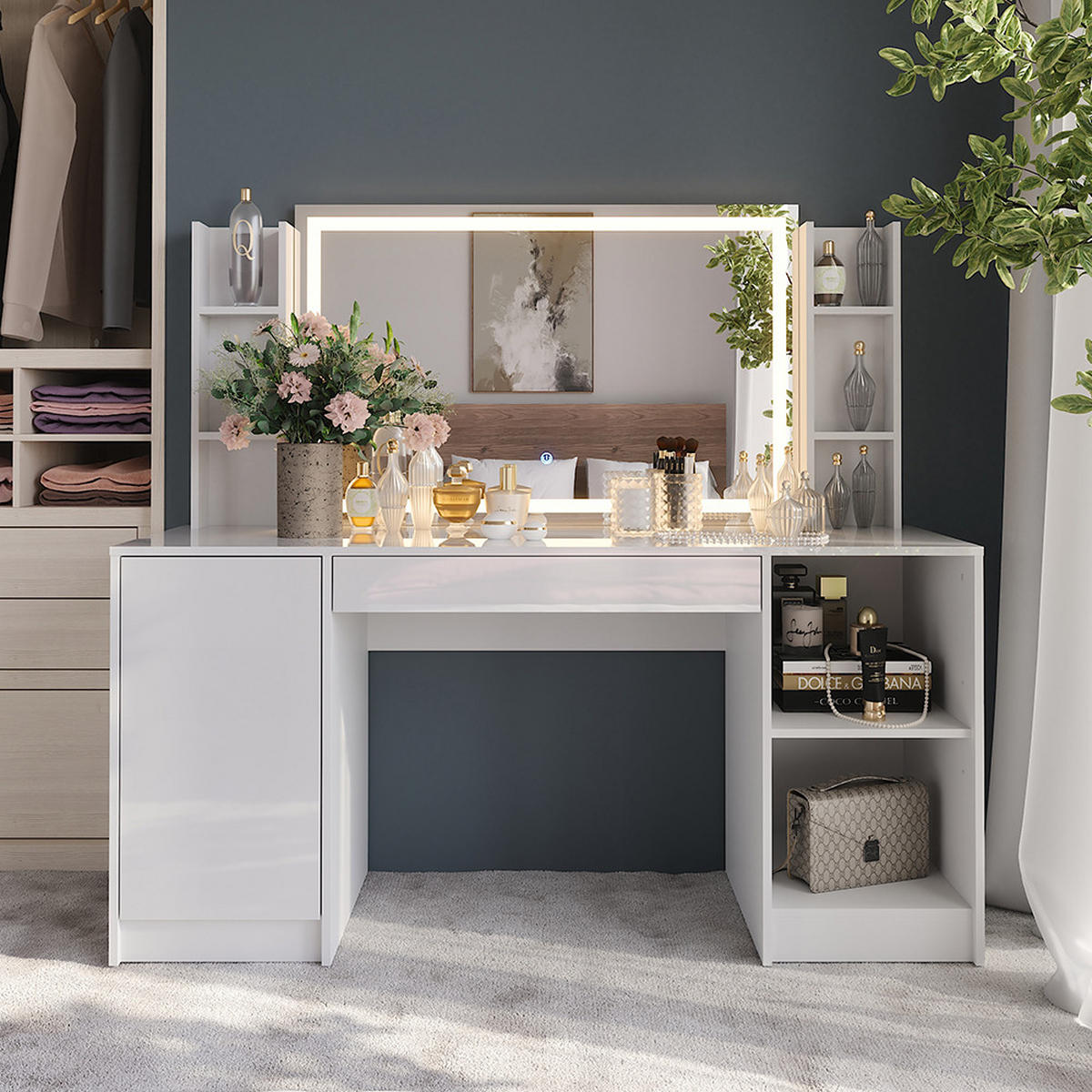 SCHMINKTISCH Sherry Weiß/Weiß Hochglanz 158.2 cm 4 Teile - Weiß Hochglanz, Holzwerkstoff (158.2/76/50.1cm) - Vicco