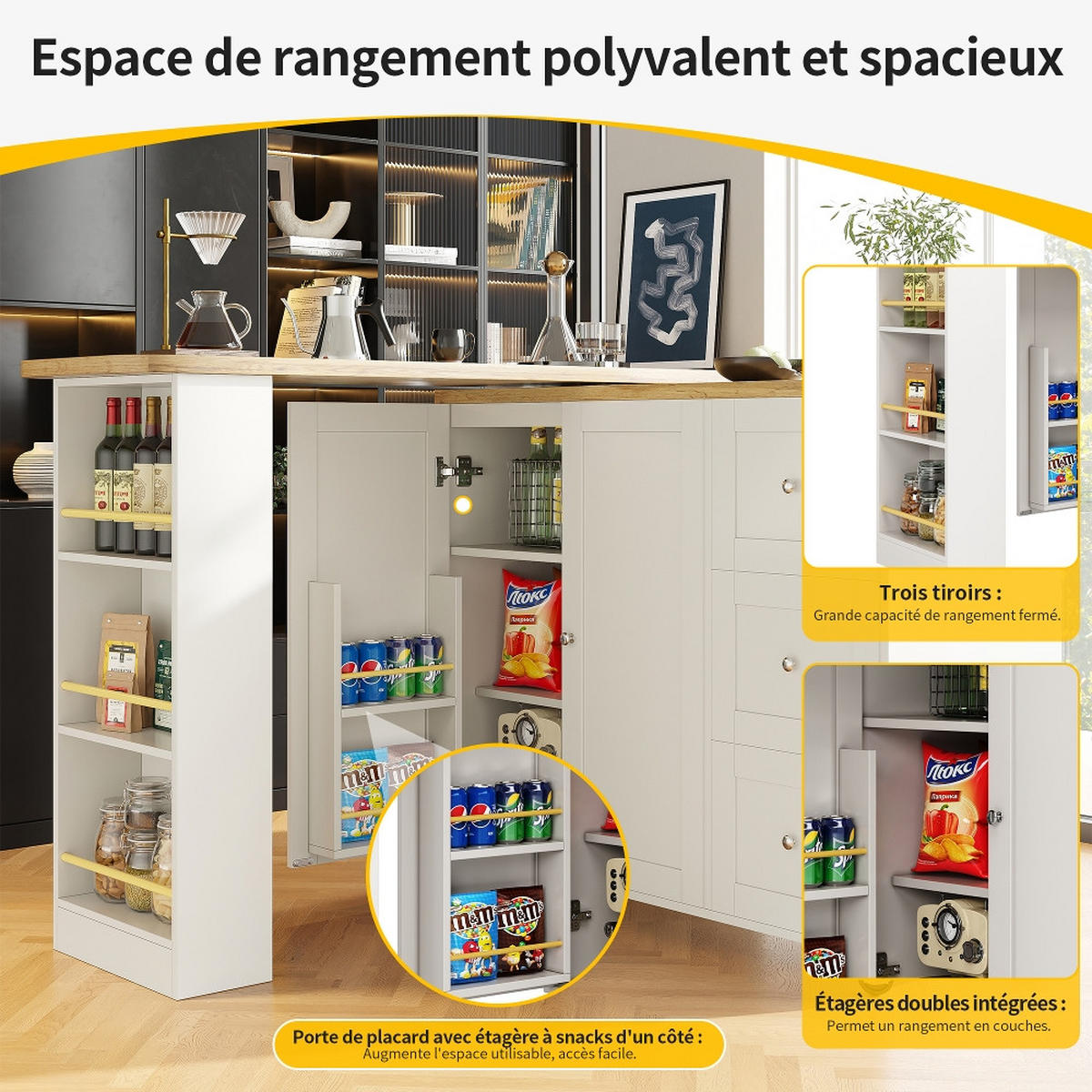 KÜCHENINSEL Stehtisch DREHBAR, Kücheninsel mit Rollen, 3 Schubladen, MDF Weiß, Küche und Wohnzimmer, 203/39/104 cm - Weiß, Kunststoff (39/106/203cm) - Rolipo