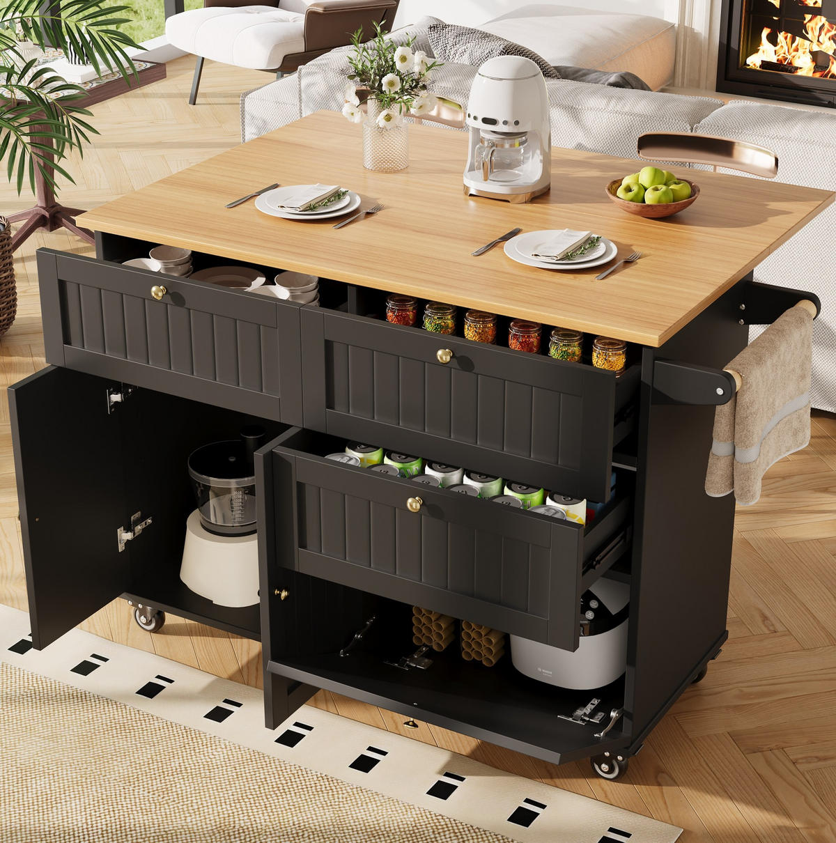 KUCHYNSKÝ ostrovček z MDF 133x70x88 cm čierny s kolieskami, nastaviteľnými nožičkami a úložným priestorom - čierna, kompozitné drevo (133/88/37cm) - Modfu