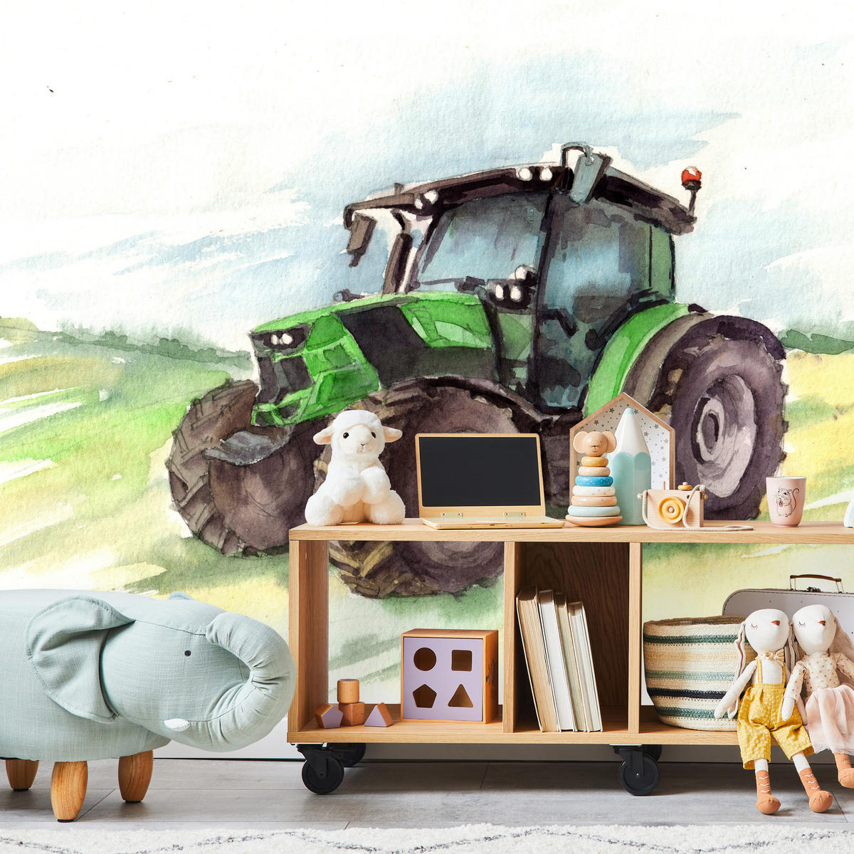 FOTOTAPETA Pre Detskú Izbu Akvarel Zelený Traktor Pole 350 x 256 cm - hnedá/čierna, papier (350/256cm) - Muralo