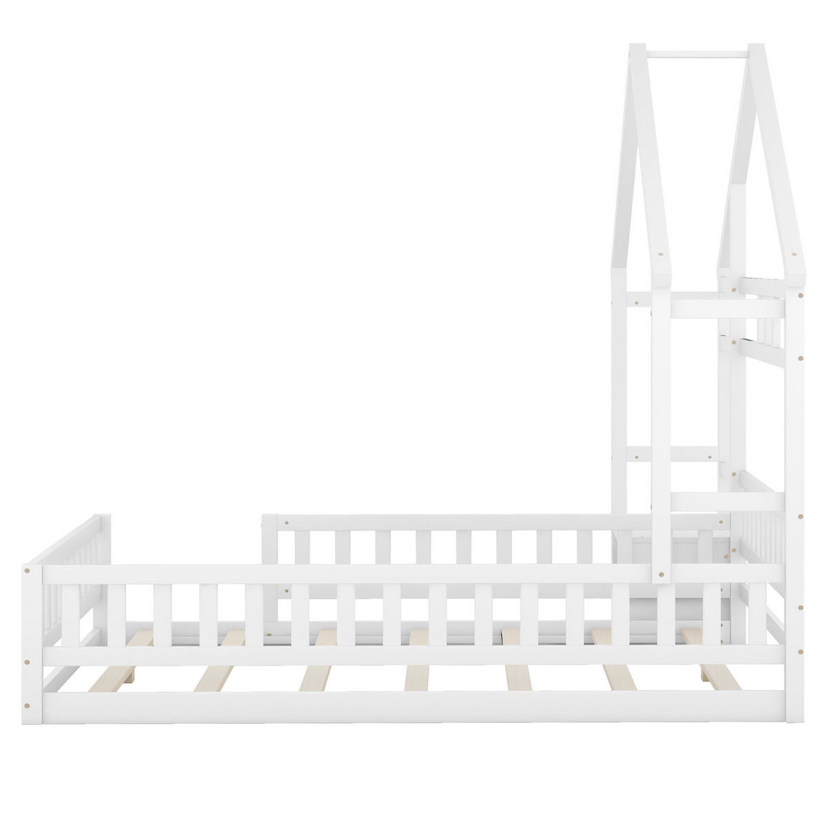 HAUSBETT 140/200 cm mit Geländer und Nachttisch aus Kiefern, Weiß - Weiß, Holzwerkstoff (140/200cm) - Redom
