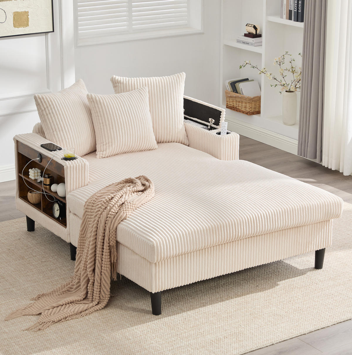 SCHLAFSOFA 129/170/70 cm aus Cord mit LED-Beleuchtung und USB-Ladeanschluss Beige - Beige, Textil (170/70/129cm) - Modenvie