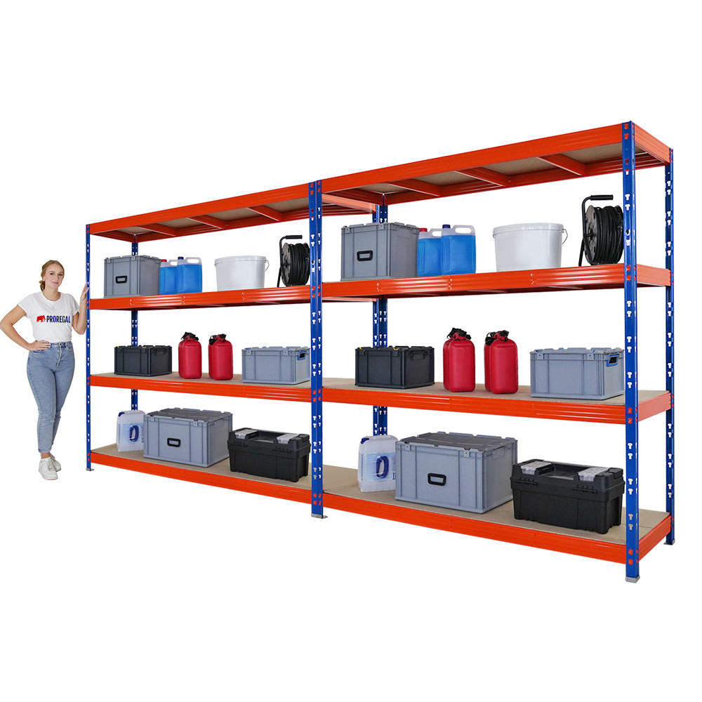 SCHWERLASTREGAL Rhino 2er-Set 200x200x60 cm 4 Spanplatten-Ebenen 8mm Fachlast 500 kg Blau/Orange - Blau/Orange, Metall (400/200/60cm) - PROREGAL