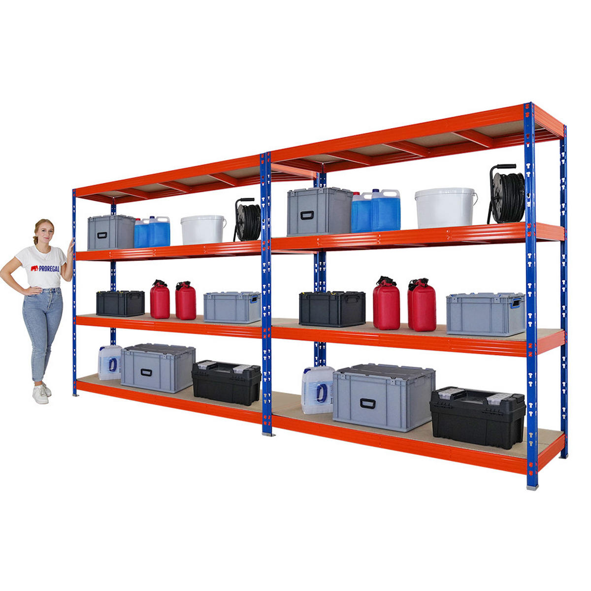 SCHWERLASTREGAL Rhino 2er-Set 200x200x60 cm 4 Spanplatten-Ebenen 8mm Fachlast 500 kg Blau/Orange - Blau/Orange, Metall (400/200/60cm) - PROREGAL