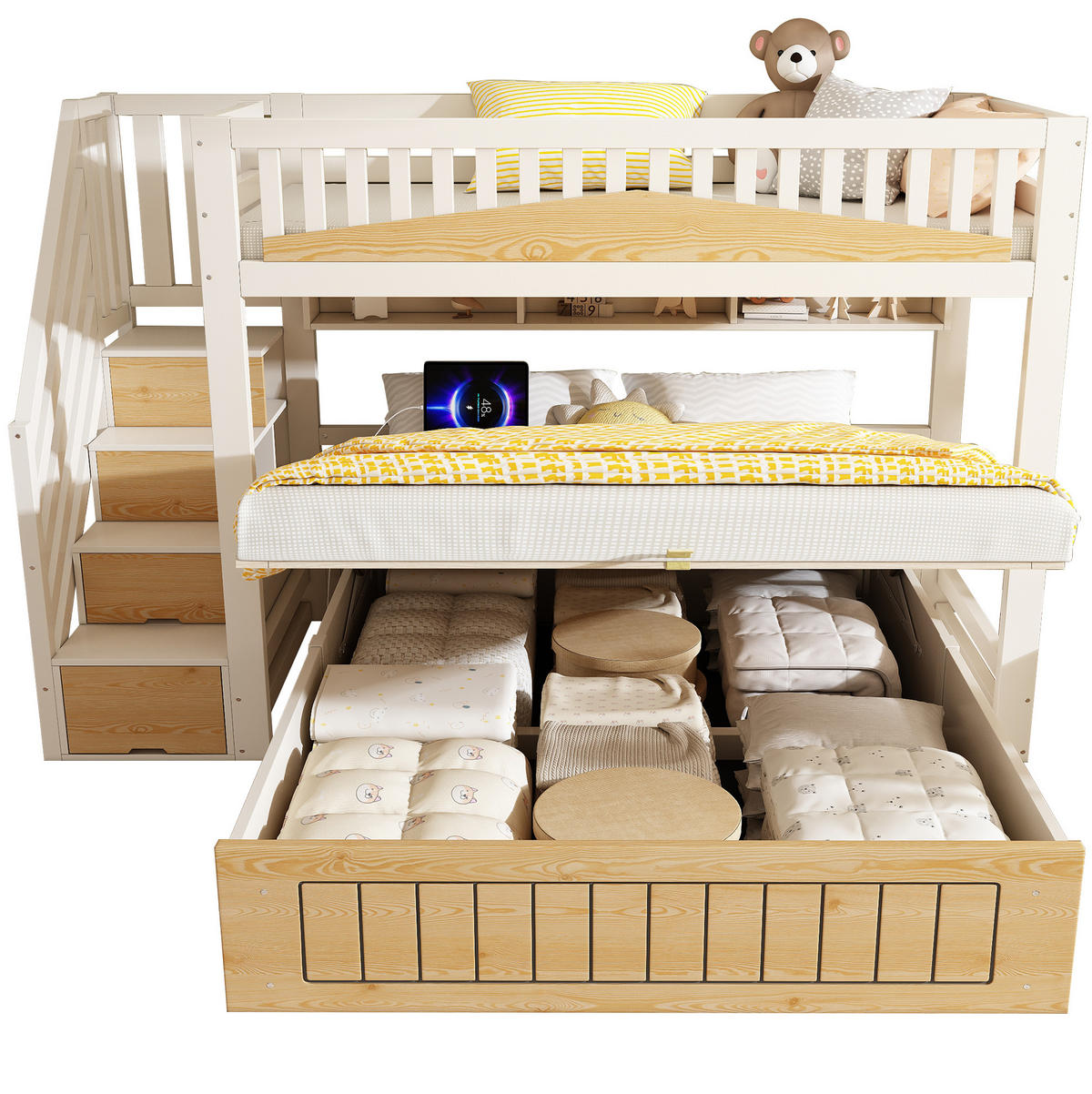 ETAGENBETT aus Holzwerkstoff 90x200 und 140x200 cm Weiß/Natur mit Stauraumtreppe und USB-C - Weiß, Holzwerkstoff (90/200cm) - IVMEU