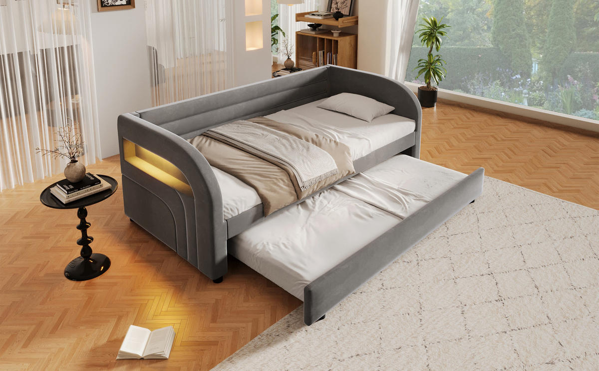 ČALOUNĚNÁ POSTEL 90/200 cm v šedé barvě s výsuvným lůžkem a LED - šedá, kov/kompozitní dřevo (90/200cm) - CHICFURN
