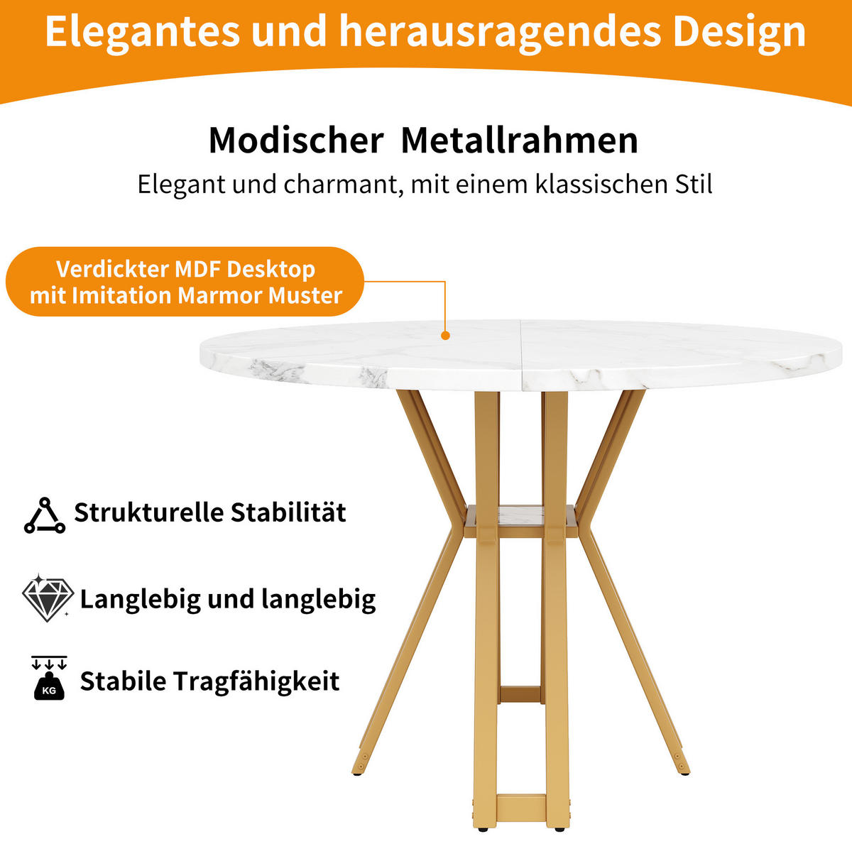 ESSTISCH 100/100/76 cm Gold/Weiß aus MDF und Metall mit verstellbaren Füßen - Weiß, Holzwerkstoff (100/100/76cm) - OKMYHOME