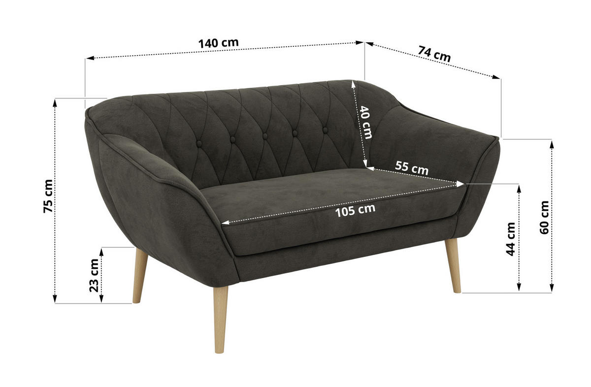 2-SITZER-SOFA PIRS - Dunkelgrau Velvet - Holzbeine - Dunkelgrau/Buchefarben, Holzwerkstoff/Textil (140/75/74cm) - MKS