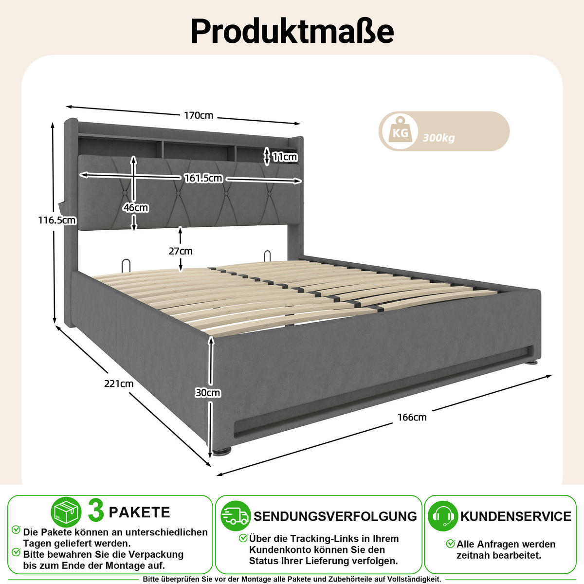 POLSTERBETT 160/200 cm in Dunkelgrau Samt mit Bettkasten, LED, USB und Type-C - Grau, Holzwerkstoff/Textil (160/200cm) - CHICFURN
