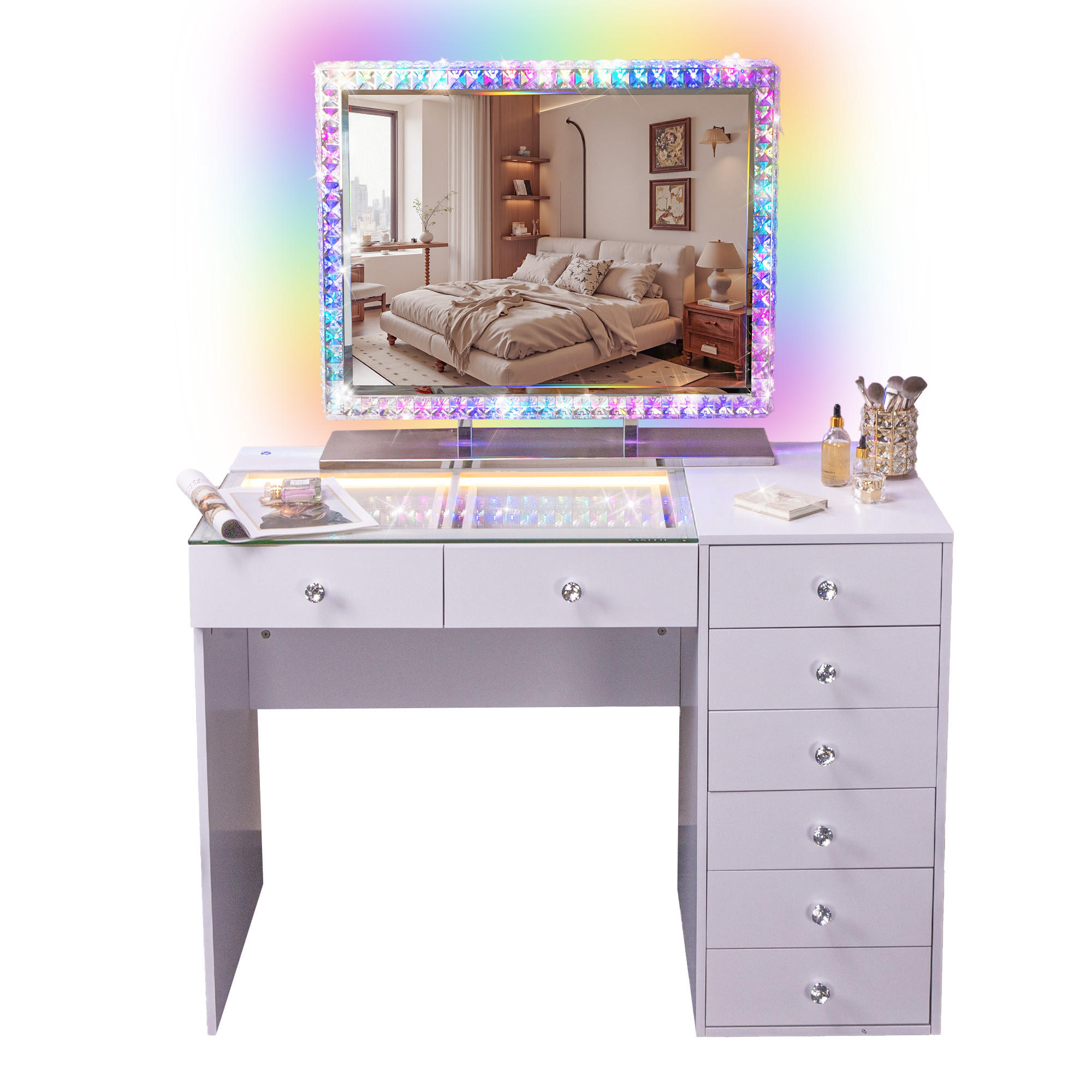 SCHMINKTISCH mit 8 Schubladen 120/55/81 CM und LED Beleuchtung Lichtleiste rundum mit Strasssteinen besetzt weiß 80/60 cm - Weiß, Holz (55/81/120cm) - VANITII